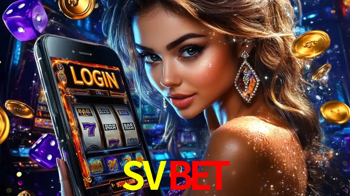 Mulher glamorosa segurando um smartphone com a tela de login para os jogos de caça-níqueis do cassino online SVBET, com moedas de ouro e dados ao redor.