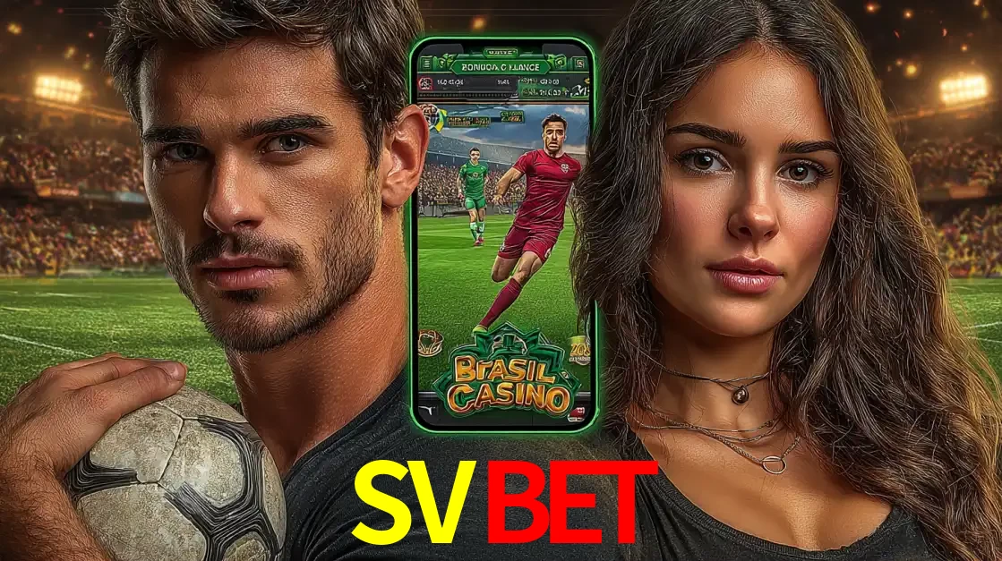 Homem segurando uma bola de futebol e uma mulher ao lado de um smartphone exibindo o jogo de apostas esportivas da SVBET. Faça seu palpite no cassino online.